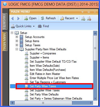 fmcg set party wise taxes menu